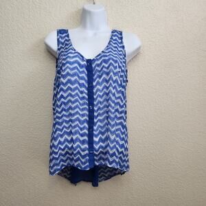 Candie's Blue White Chevron Print Sheer Button Up Top Large Sleeveless Flowy